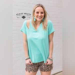 Turquoise crazy train, split shoulder top